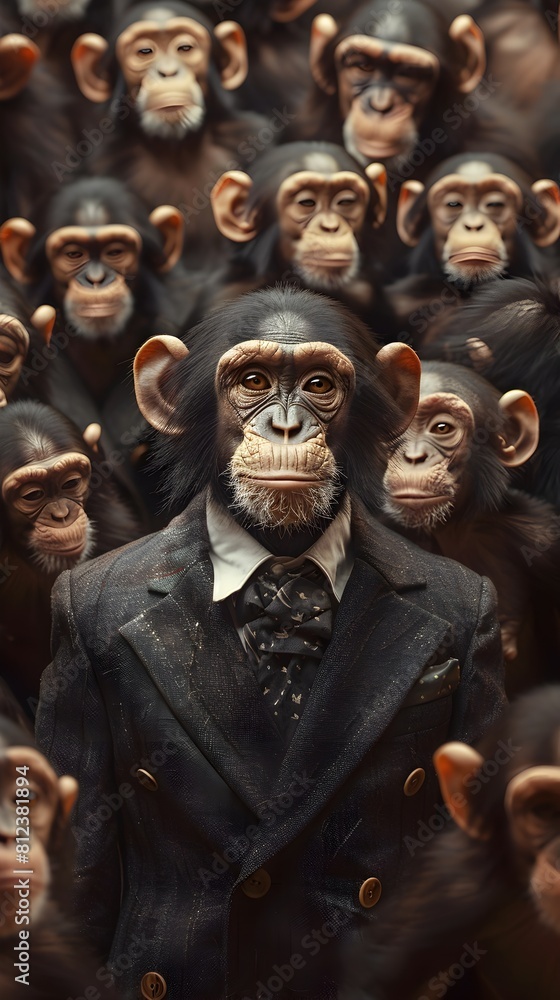 A Unique Primate Stands Out in a Crowd of Ordinary Monkeys Dressed in Formal Attire Displaying Leadership and Individuality