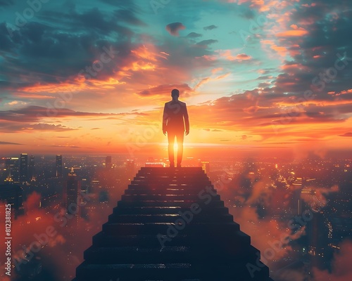 Silhouetted Businessman on Stairs Overlooking Awakening Cityscape at Serene Dawn