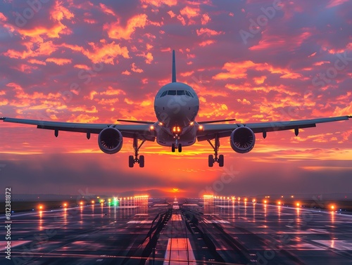Commercial Airliner Ascending Amid Enchanting Sunset Skies and Runway Reflections