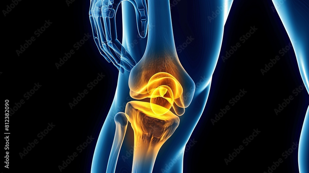 An X-ray blue of a knee with the knee joint highlighted in yellow ,MRI ...