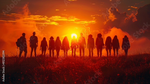 high school students sillouete with sun rise, energertic,generative ai photo