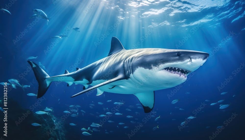Great white shark in the ocean, portrait of White shark hunting prey in the underwater Great white shark in the ocean, portrait of White shark hunting prey in the underwater