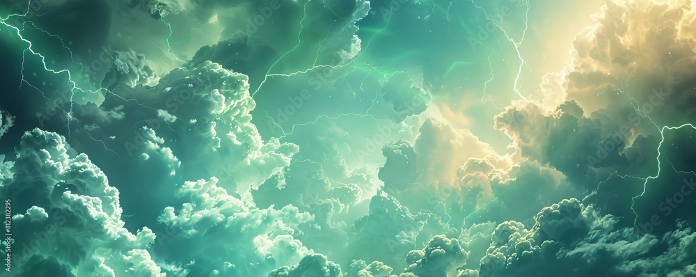A conceptual image of white clouds and green lightning, representing renewable energy from storm power A conceptual image of white clouds and green lightning, representing renewable energy from storm power