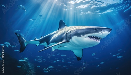 Great white shark in the ocean, portrait of White shark hunting prey in the underwater © Virgo Studio Maple
