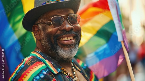 Mature plus size black african american man celebrating gay pride festival with rainbow flags, candid LGBTQ+ summer parade photo