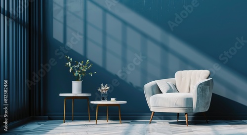 erior design,Modern Home Living Room Decor Concept with Blue Wall Background 3d rendering 