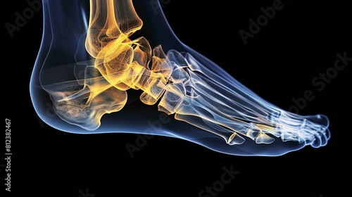 An X-ray of a foot with the ankle highlighted in yellow .MRI scan of a human knee joint, showing the Fibula bones and ligaments.