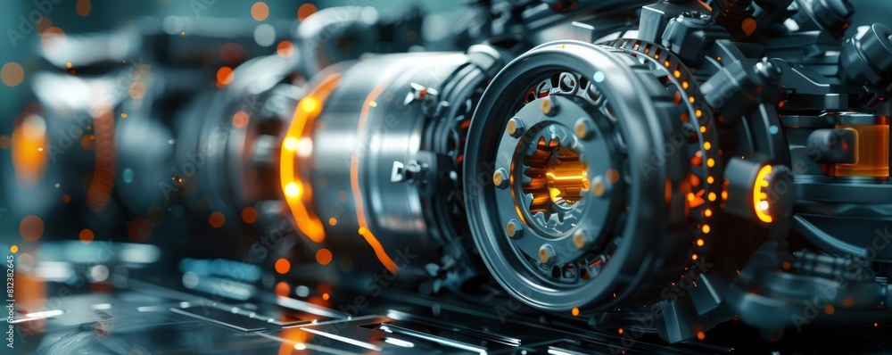 A conceptual image showing an electric cars motor, focusing on the gears and electrical components A conceptual image showing an electric cars motor, focusing on the gears and electrical components