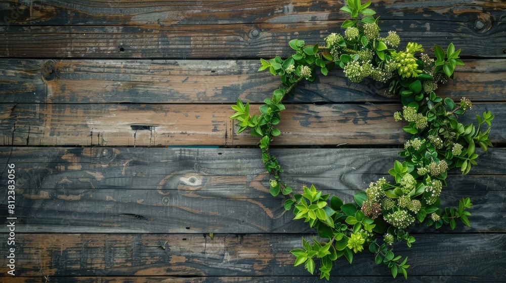 A vibrant green wreath of flowers adorns the rustic wooden boards A vibrant green wreath of flowers adorns the rustic wooden boards