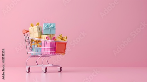 Minimalist shopping cart with pastel colored gift boxes on a pink background, banner design for online retail advertising concept 