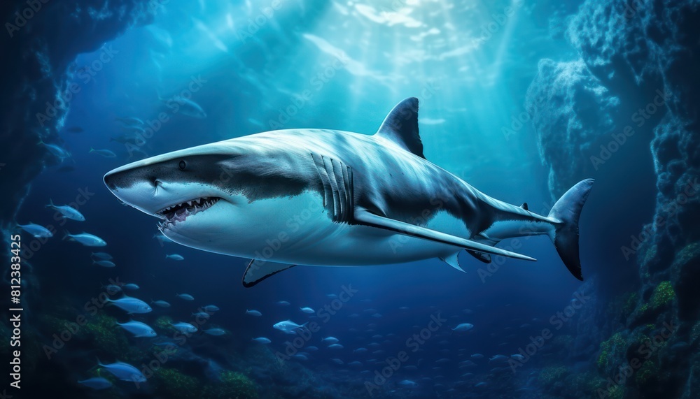 Great white shark in the ocean, portrait of White shark hunting prey in the underwater Great white shark in the ocean, portrait of White shark hunting prey in the underwater