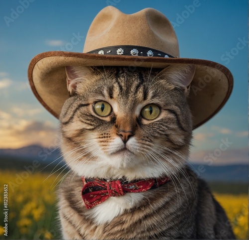 cat wearing a cowboy hat and yellow flower background