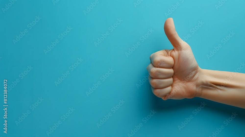 A thumbs up gesture on a blue background, representing positive thoughts and satisfaction with the work done.
