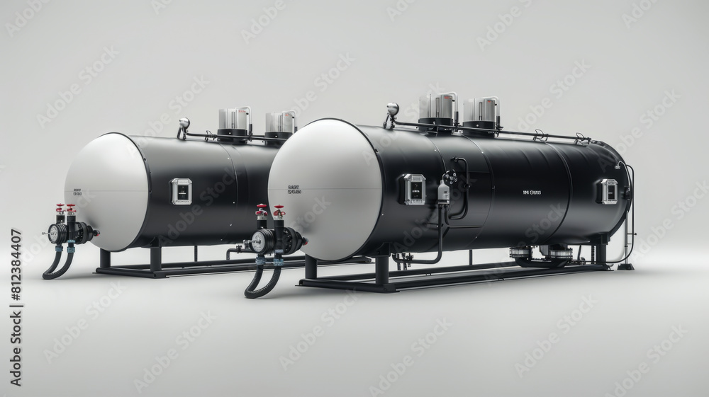 create two large gasoline tanks, black and white style, connected with a pipe,generative ai create two large gasoline tanks, black and white style, connected with a pipe,generative ai