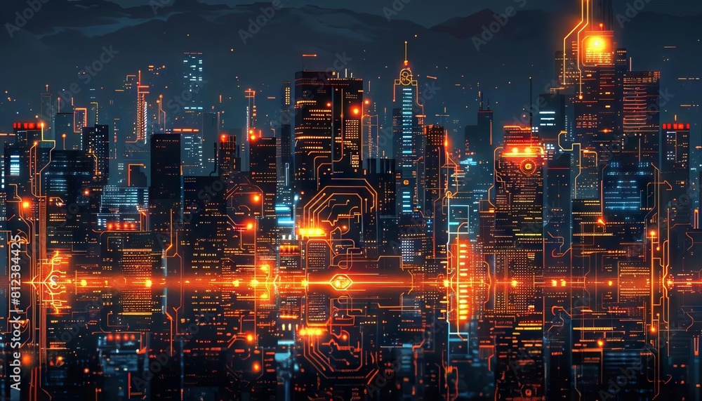 Fototapeta premium A creative image of a cityscape at night, illuminated by circuits and LEDs integrated into the architecture