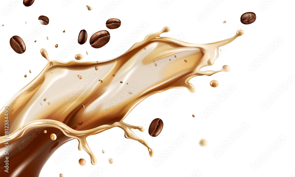 Coffee milk liquid swirl splash and little bubbles with falling coffee Beans isolated on transparent png background Coffee milk liquid swirl splash and little bubbles with falling coffee Beans isolated on transparent png background
