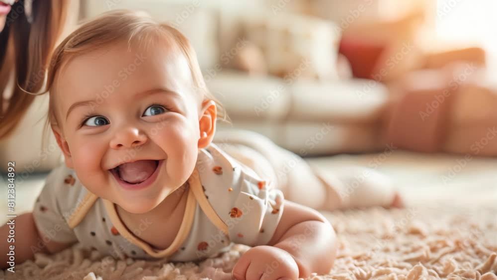 Mother playing with baby girl lying on living room floor. Mother playing with baby girl lying on living room floor.