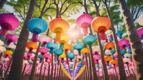 Colorful paper lanterns strung between trees create a festive atmosphere at a lantern festival. The sun shines through, casting warm light on the scene.  photo