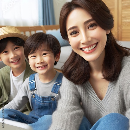 A mother smiling as she video chats with her children who live f photo