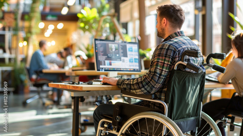 personne handicapée en fauteuil roulant travaillant sur son ordinateur dans un open space avec d'autres personnes valides photo