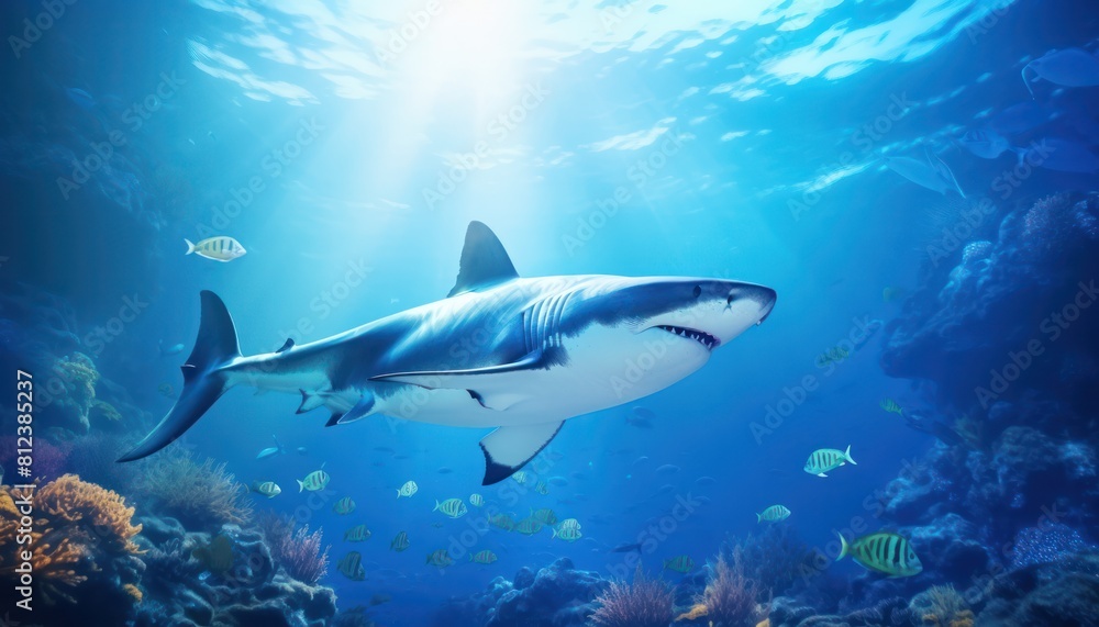 Fototapeta premium Great white shark in the ocean, portrait of White shark hunting prey in the underwater