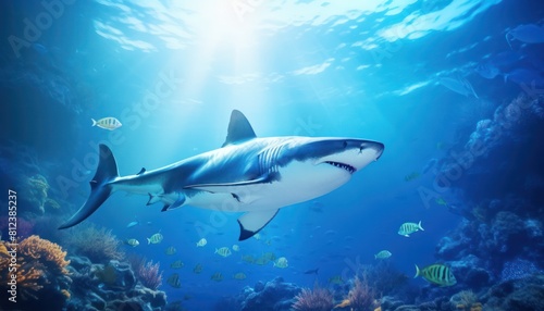 Great white shark in the ocean  portrait of White shark hunting prey in the underwater