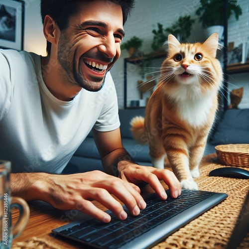 A pet owner laughing as their cat walks across the keyboard duri photo