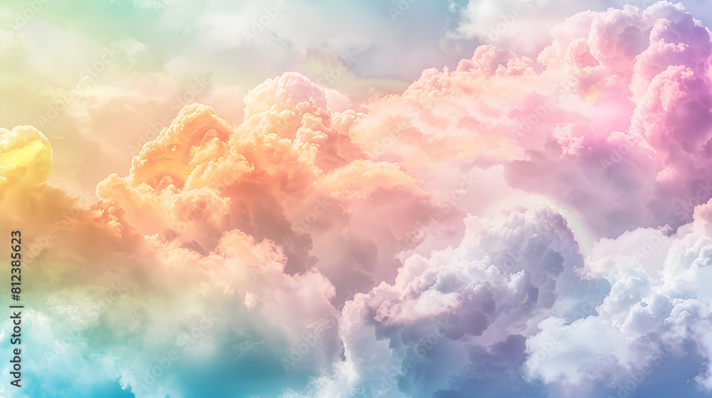 Colorful pastel background. Abstract watercolor sunset sky with fluffy clouds in bright pink, green, blue, yellow, and purple rainbow colors. Wide banner with copy space for text