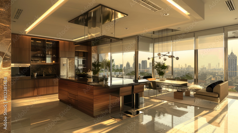 Contemporary Penthouse with Kitchen and Dining Area. Open-Concept Living Space Concept. Seamless flow between cooking, dining, and relaxation zones, in natural light and stunning city views.