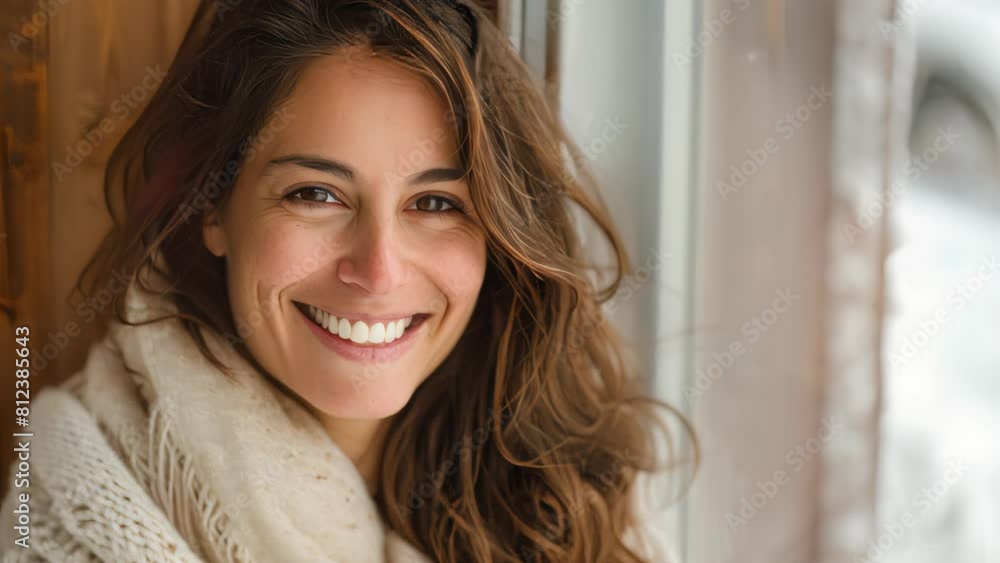Portrait of a beautiful middle aged woman with long red hair in a gray scarf on a city street Portrait of a beautiful middle aged woman with long red hair in a gray scarf on a city street