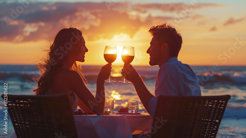 Couple in love drinking wine on romantic dinner at sunset on the beach. People love travel concept.