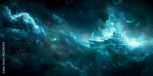 Spooky fantasy art of a ghostly warship in a dark night sky. Concept Fantasy Art, Spooky Atmosphere, Ghostly Warship, Dark Night Sky, Eerie Composition