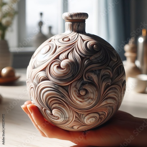  A round, rotund bottle with a raised pattern reminiscent of mar photo