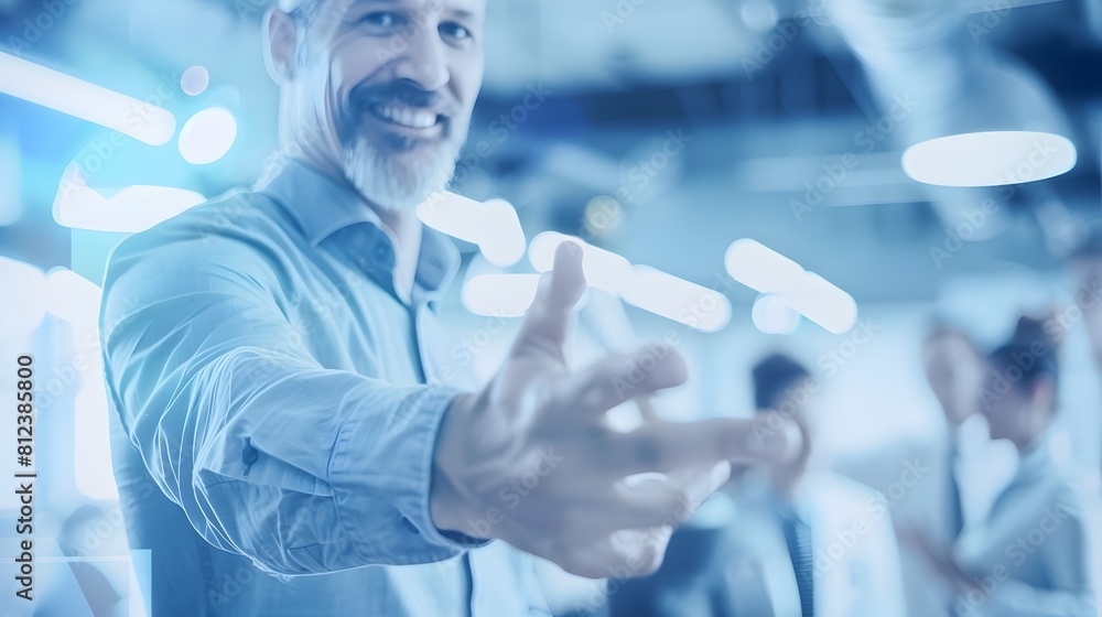 Confident Businessman Gesturing in Corporate Setting Confident Businessman Gesturing in Corporate Setting