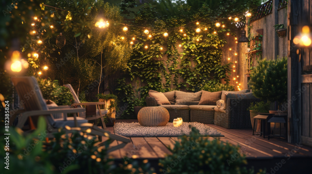 Cozy Backyard Patio with String Lights. Garden Outdoor Relaxation. Cozy Backyard Patio with String Lights. Garden Outdoor Relaxation.