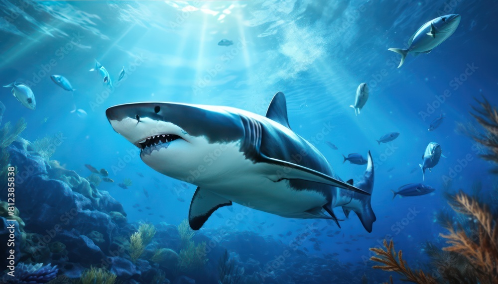 Great white shark in the ocean, portrait of White shark hunting prey in the underwater Great white shark in the ocean, portrait of White shark hunting prey in the underwater