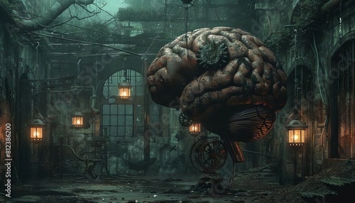 A dark concept art of a brain, with rusty gears and dimly lit by oldfashioned lanterns photo