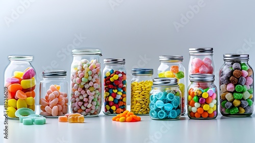 Assorted glass jars filled with colorful candies, arranged neatly on a pristine white surface.