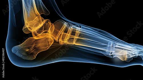 An X-ray of a foot with the ankle highlighted in yellow .MRI scan of a human knee joint, showing the Fibula bones and ligaments.