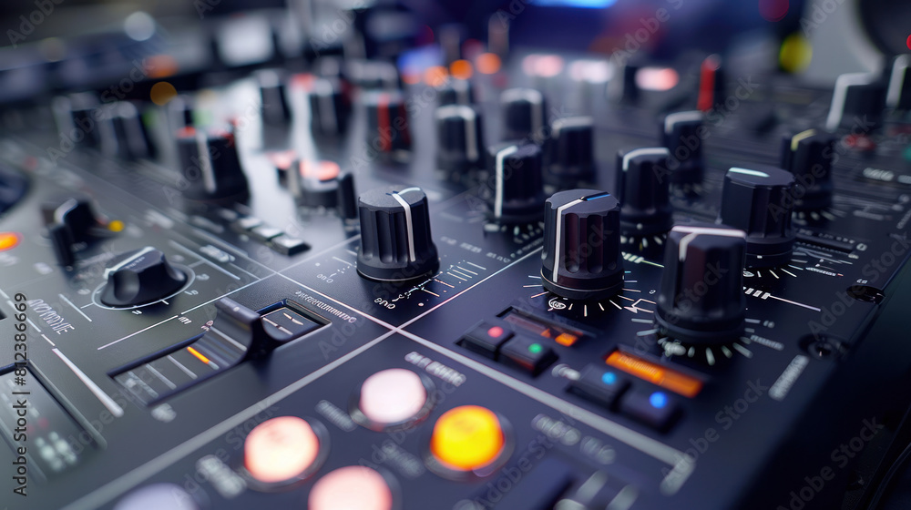 DJ Equipment Setup for Music Production. Close-Up View of a Professional DJ Mixer with Turntables and Control Knobs. DJ Equipment Setup for Music Production. Close-Up View of a Professional DJ Mixer with Turntables and Control Knobs.