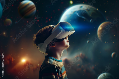 Child boy wearing virtual reality headset and looking solar system with sun and planets. Technology concept.