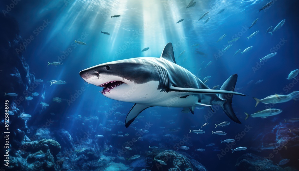 Fototapeta premium Great white shark in the ocean, portrait of White shark hunting prey in the underwater