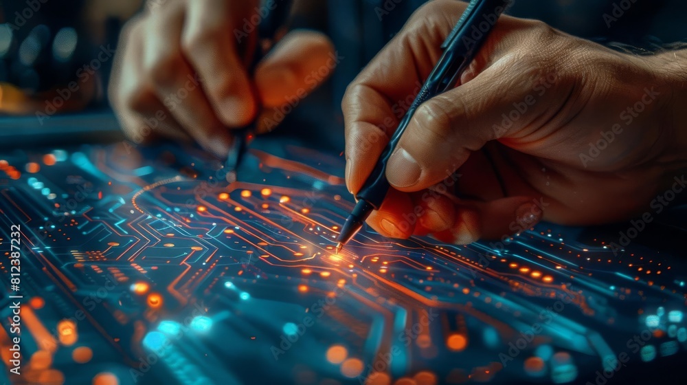 A detailed closeup of a hand drawing complex circuitry designs on a digital drawing tablet A detailed closeup of a hand drawing complex circuitry designs on a digital drawing tablet