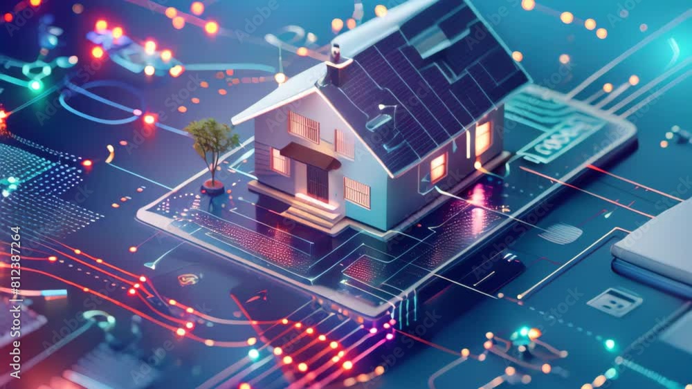 3d illustration of a house on the background of an electronic circuit. 3d illustration of a house on the background of an electronic circuit.