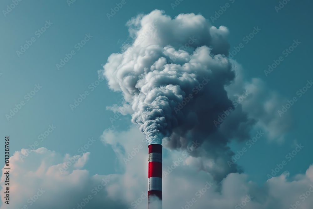 Large factory chimney emitting dark smoke into the sky. Air pollution. Environmental damage.