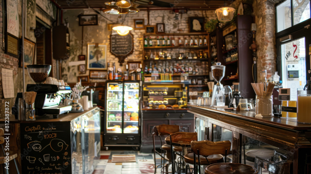 Naklejka premium Experience the cozy charm of a cafe and bistro, where aromatic coffee and delicious pastries await.