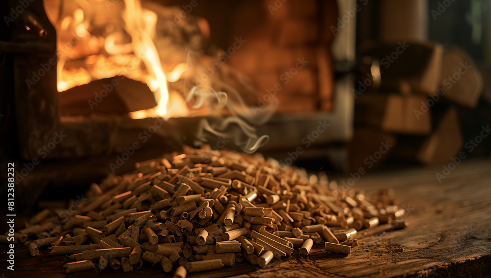 Organic wooden coal made from wood burns in fireplace with central heat pump. Ecological energy.