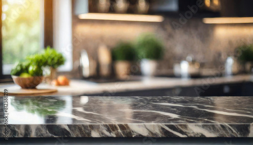 dark marble table sits in a modern kitchen  symbolizing sophistication and luxury amidst a blurred background