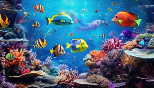 Tropical fish in the underwater, coral reef, amazing underwater life, various fish and exotic coral reefs, ocean wild creatures background