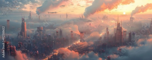 A digital art piece showing a futuristic city where drones create artificial clouds to combat air pollution photo